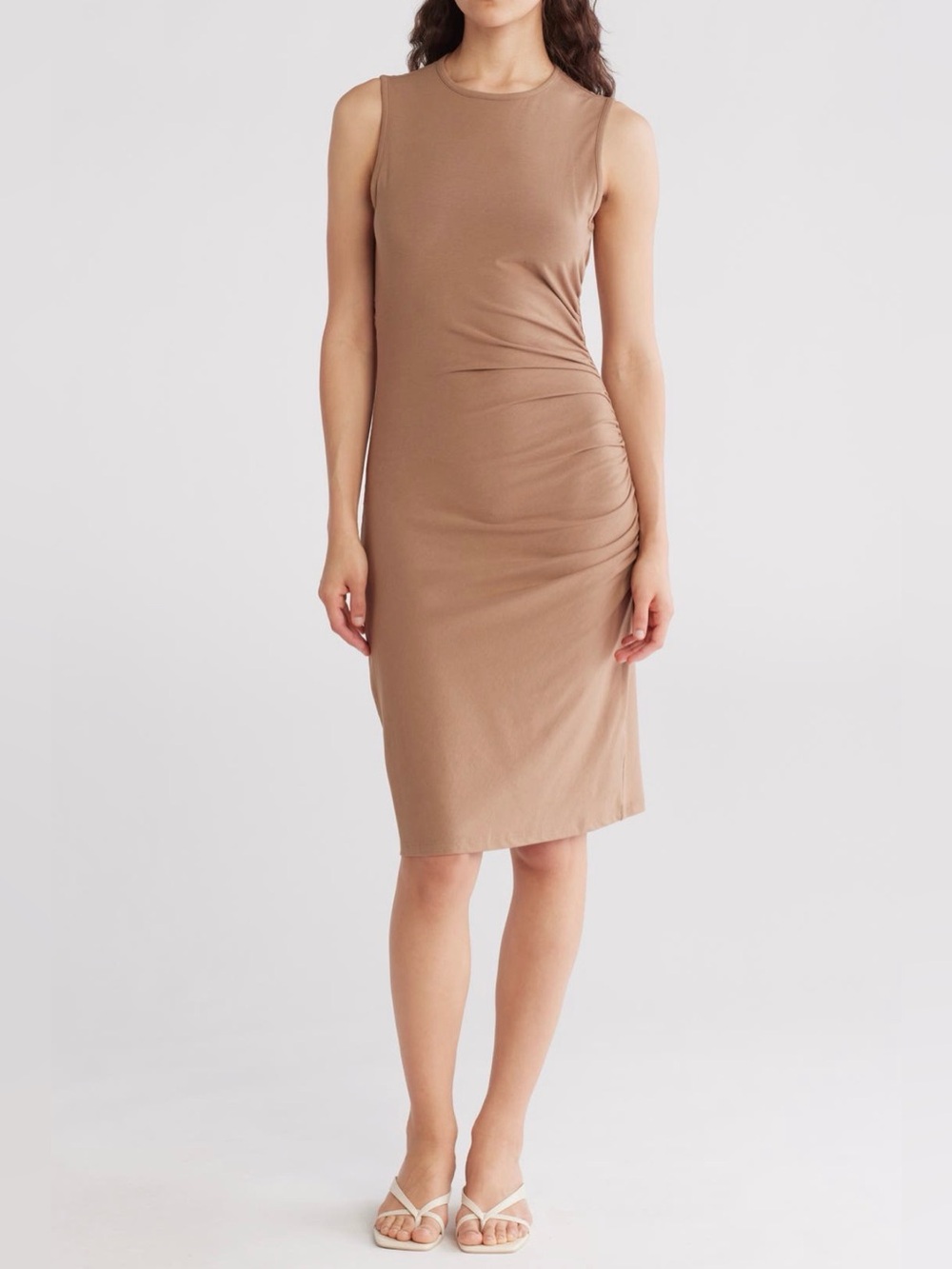 Theory Sleeveless Ruched Midi Dress in Camel Size Small NWT